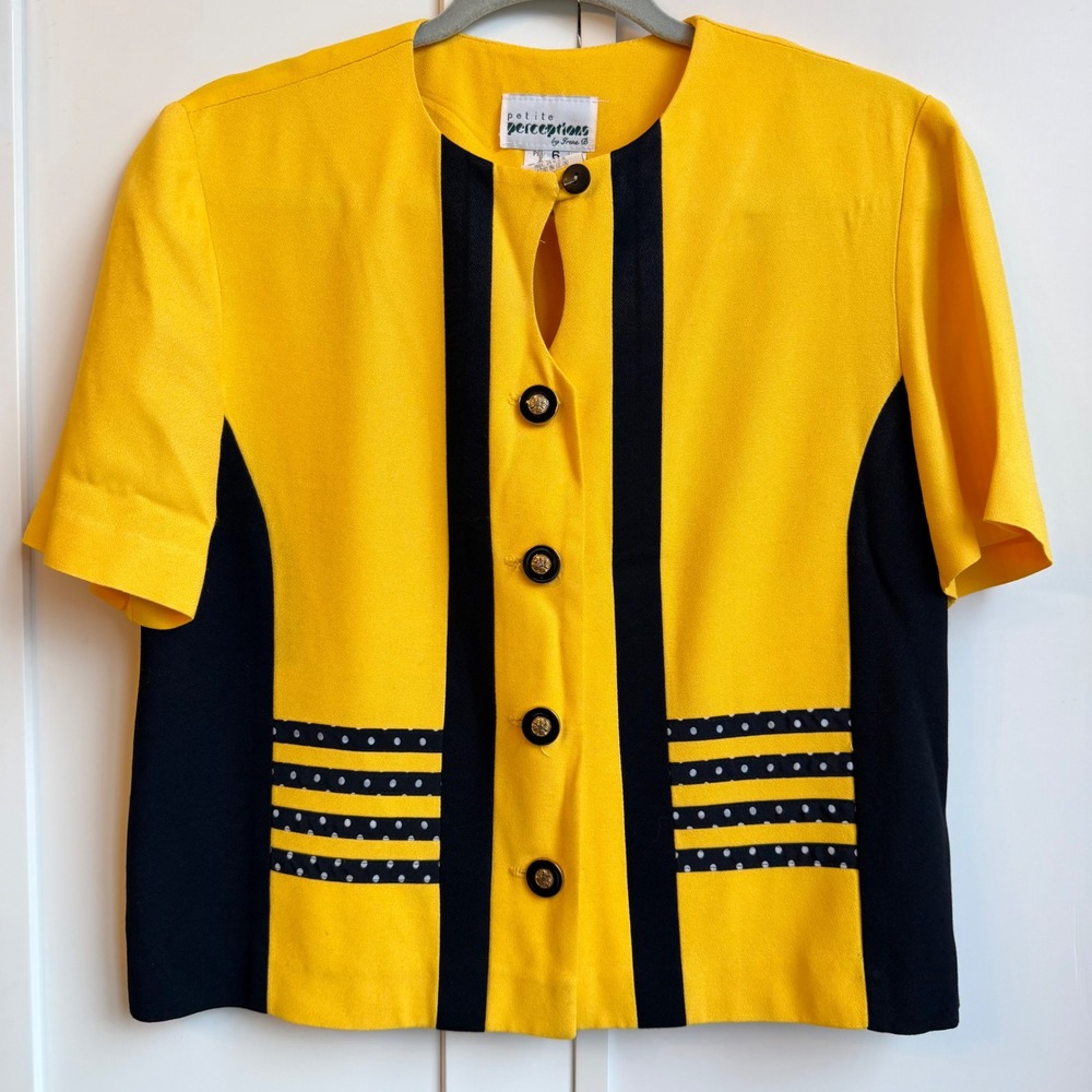80s Cropped Colorblock Suit Jacket Petite 6 Yellow Black Vintage Blazer‎